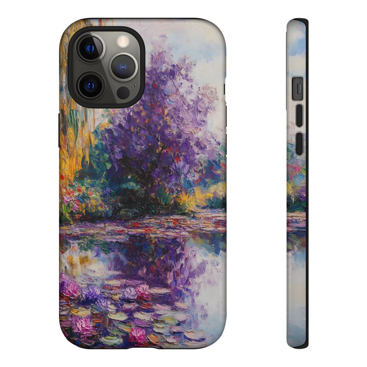 Detailed view of a floral phone case with thick, artistic brushstrokes in shades of violet, pink, and deep blue.