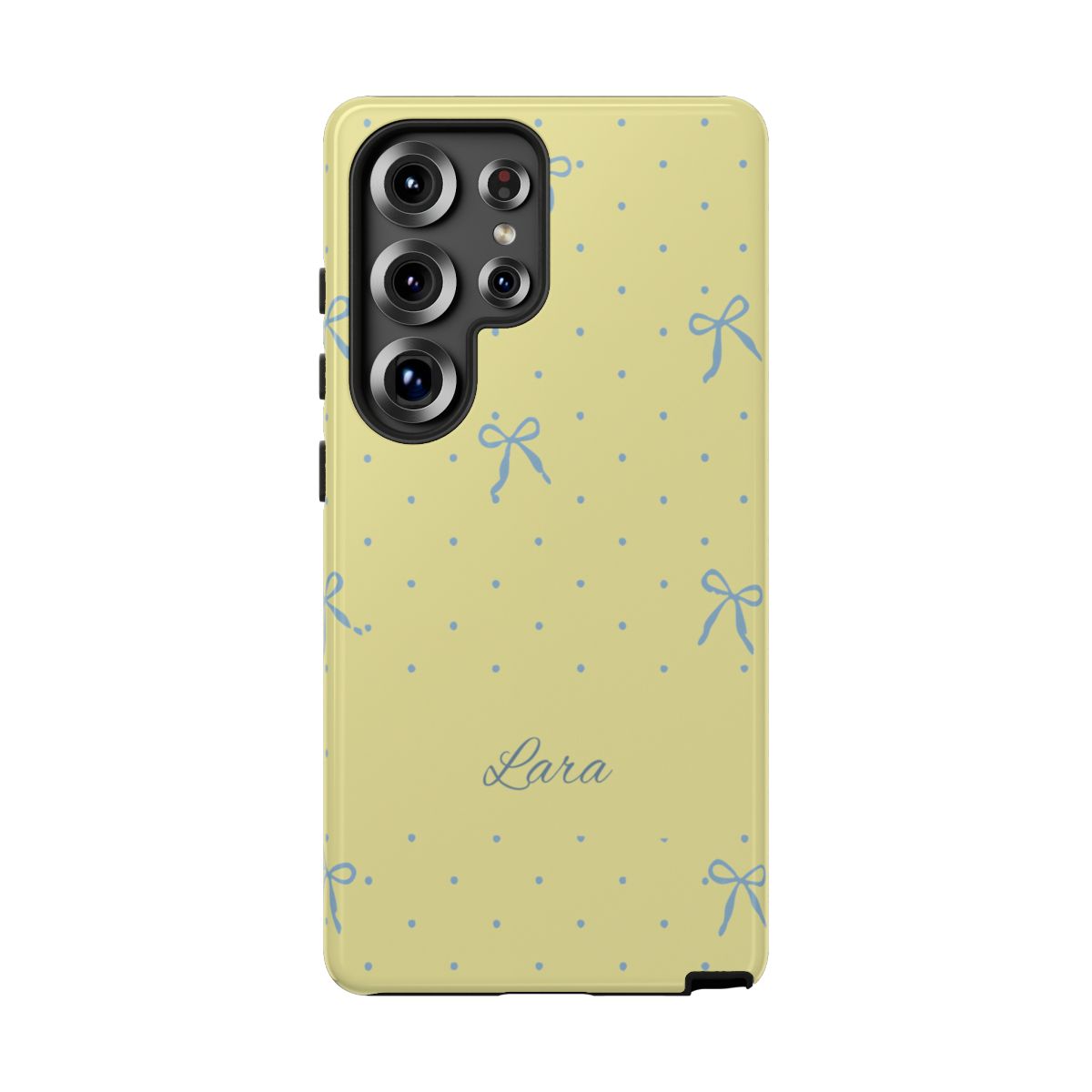 Personalized Yellow Bow Phone Case – Custom Name Blue Polka Dot Aesthetic