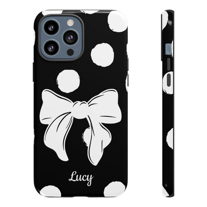 Personalized Black Polka Dot Bow Phone Case – Custom Name Coquette Retro Aesthetic