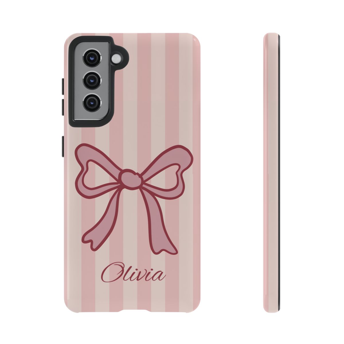 Personalized Pink Bow Phone Case – Soft Pastel Striped Coquette Aesthetic