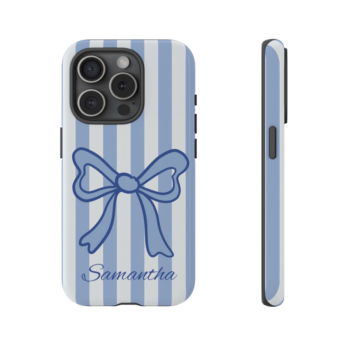 Personalized Coquette Bow Phone Case – Blue Striped Preppy Ribbon Aesthetic