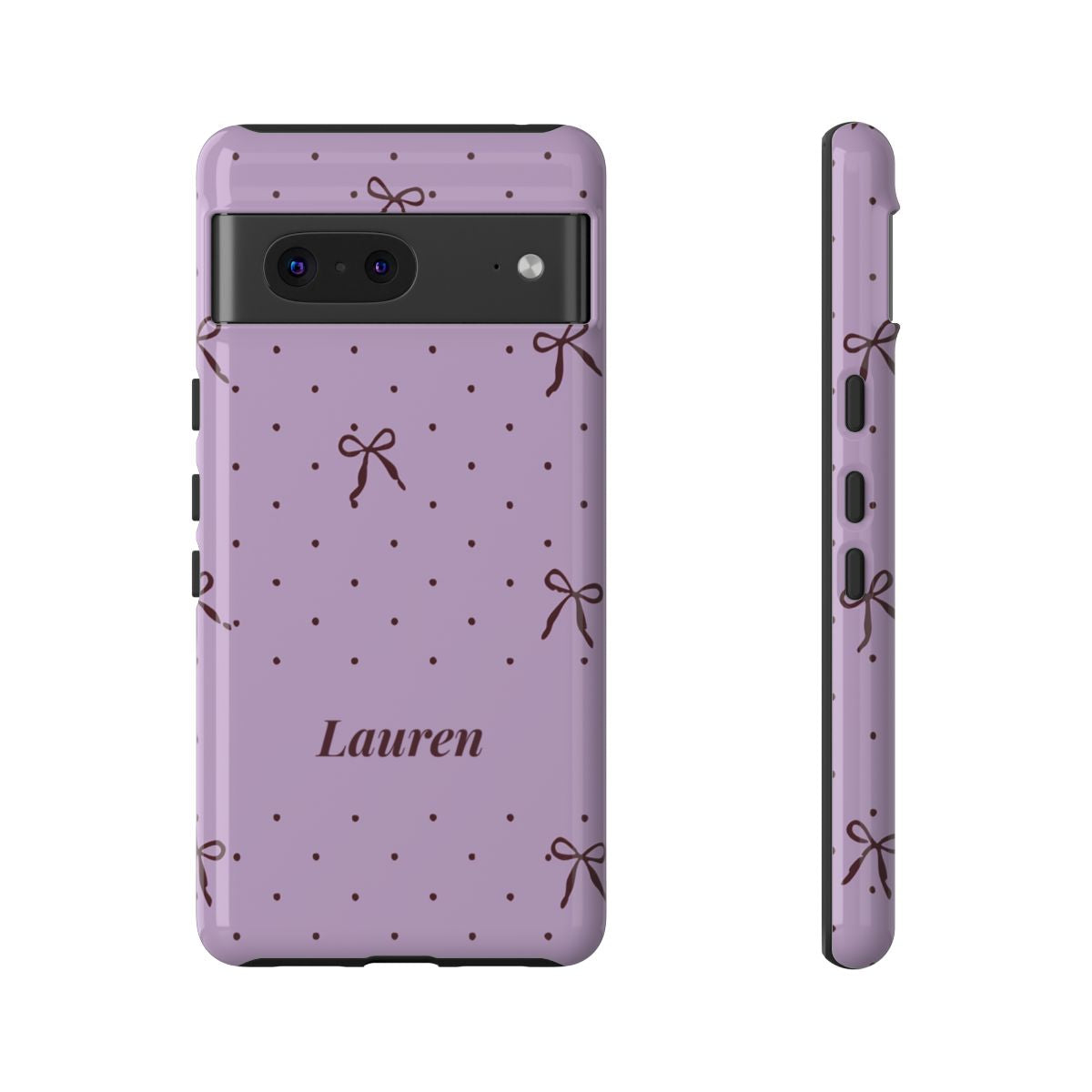 Personalized Lavender Bow Phone Case – Custom Name Polka Dot Coquette Aesthetic