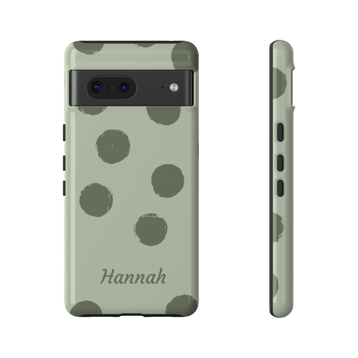 Personalized Sage Green Polka Dot Phone Case – Custom Name Matcha Aesthetic