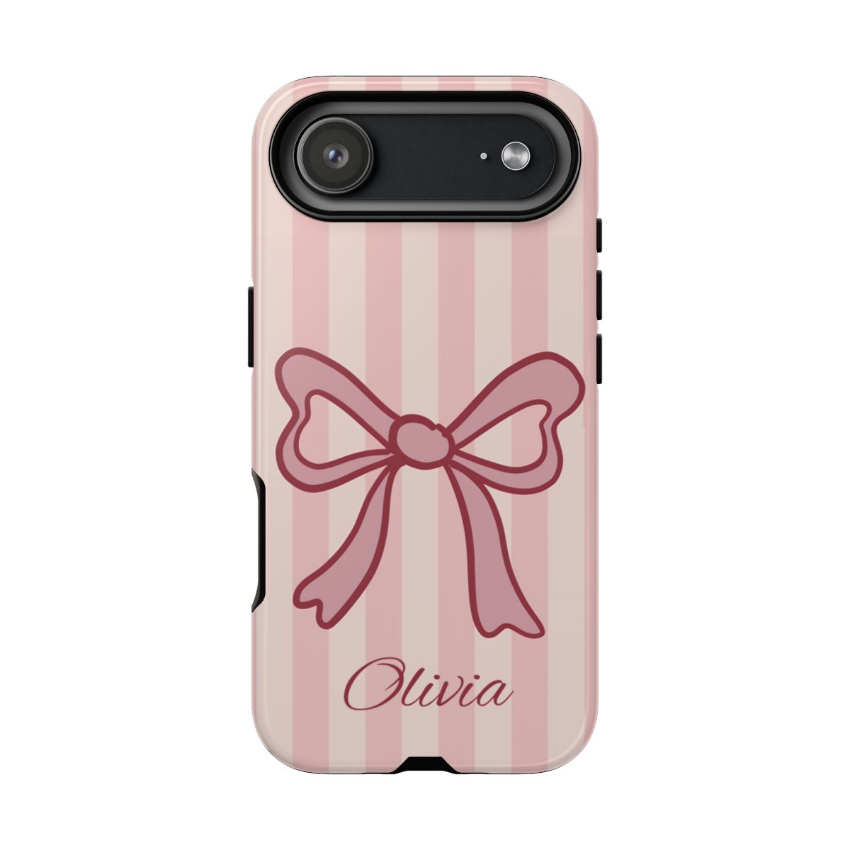 Personalized Pink Bow Phone Case – Soft Pastel Striped Coquette Aesthetic