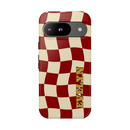 Personalized Burgundy Checkered Phone Case – Custom Name Wavy Retro Aesthetic