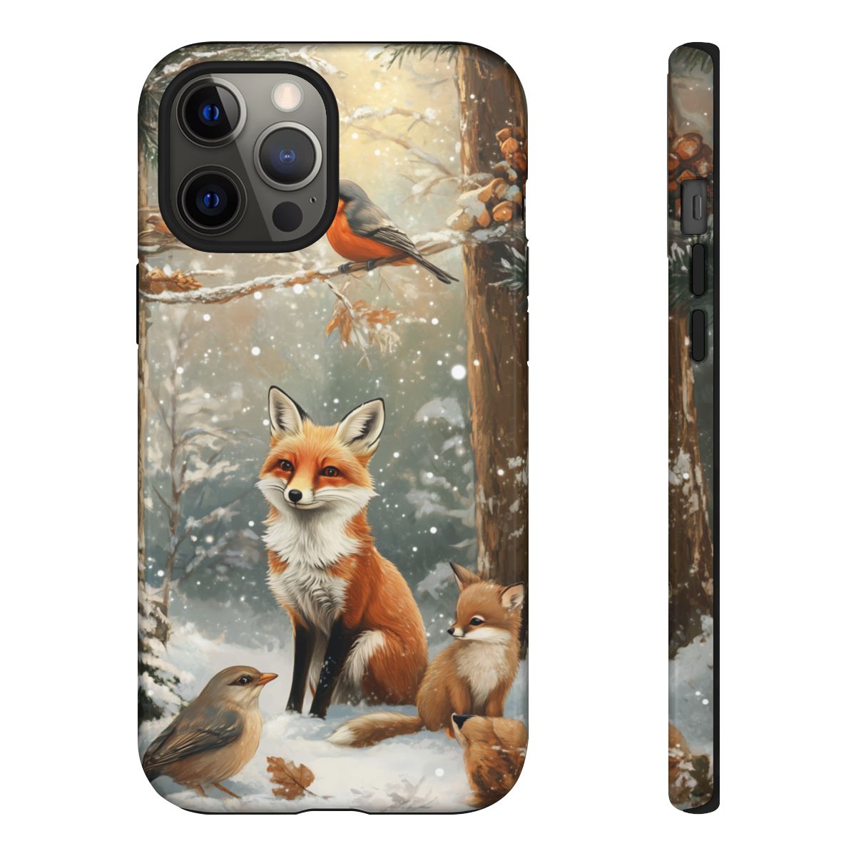 Whimsical woodland phone cover with a red fox and a small bird in a soft, falling snow scene.