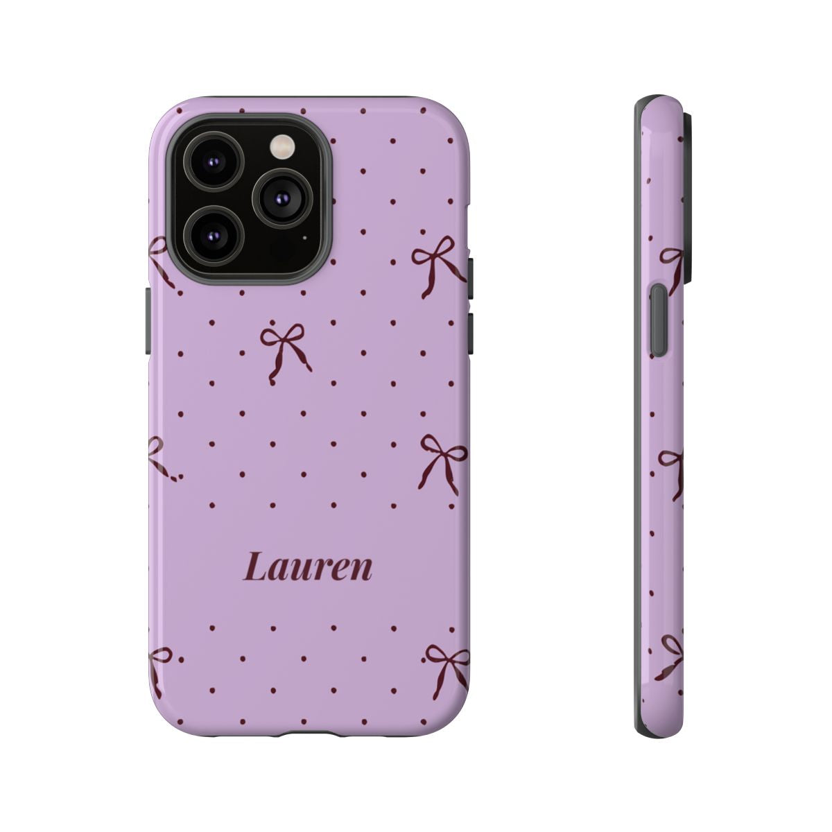 Personalized Lavender Bow Phone Case – Custom Name Polka Dot Coquette Aesthetic