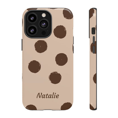 Personalized Brown Polka Dot Phone Case – Custom Name Neutral Boho Aesthetic