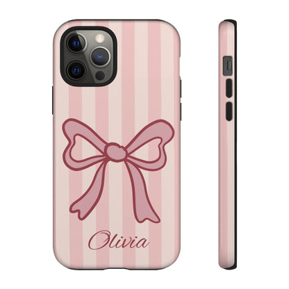 Personalized Pink Bow Phone Case – Soft Pastel Striped Coquette Aesthetic