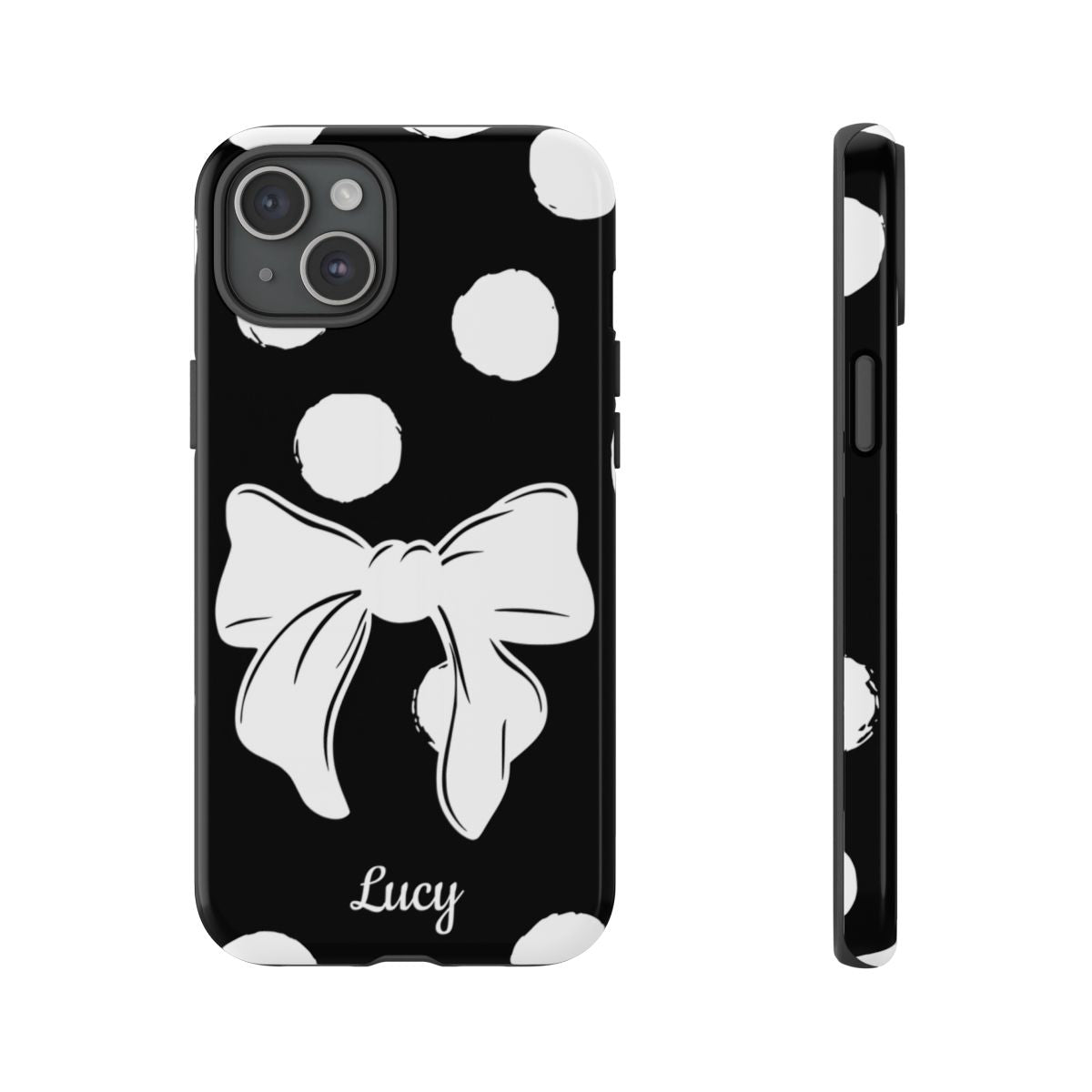 Personalized Black Polka Dot Bow Phone Case – Custom Name Coquette Retro Aesthetic