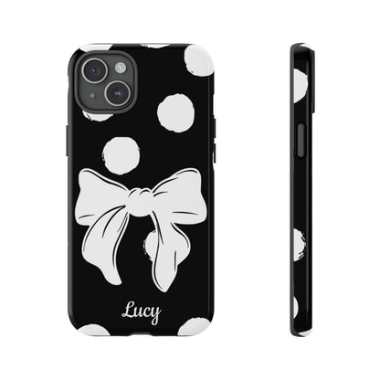 Personalized Black Polka Dot Bow Phone Case – Custom Name Coquette Retro Aesthetic