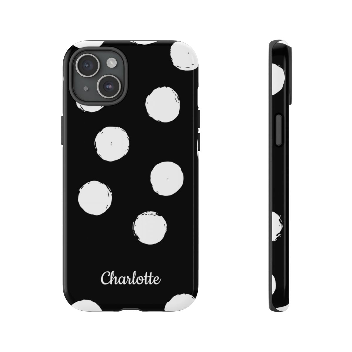 Personalized Black Polka Dot Phone Case – Custom Name Bold Monochrome Aesthetic