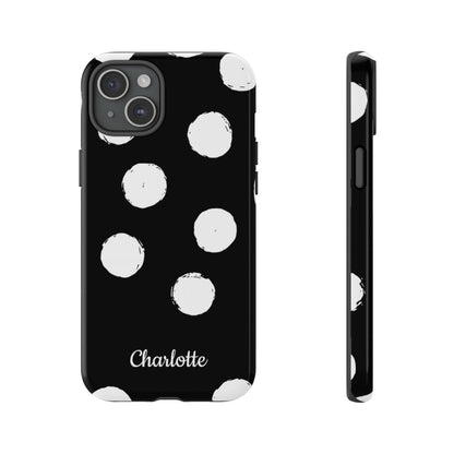 Personalized Black Polka Dot Phone Case – Custom Name Bold Monochrome Aesthetic