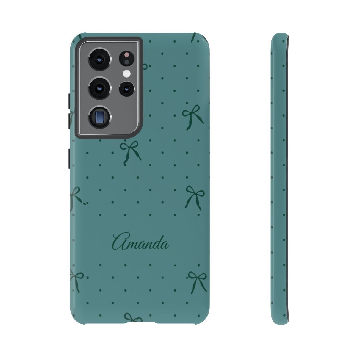 Personalized Teal Bow Phone Case – Custom Name Coquette Polka Dot Aesthetic