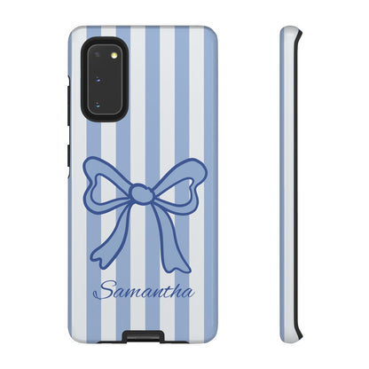 Personalized Coquette Bow Phone Case – Blue Striped Preppy Ribbon Aesthetic