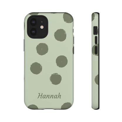 Personalized Sage Green Polka Dot Phone Case – Custom Name Matcha Aesthetic