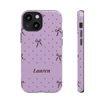 Personalized Lavender Bow Phone Case – Custom Name Polka Dot Coquette Aesthetic
