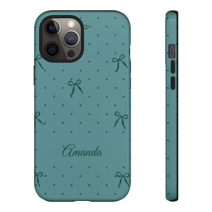 Personalized Teal Bow Phone Case – Custom Name Coquette Polka Dot Aesthetic