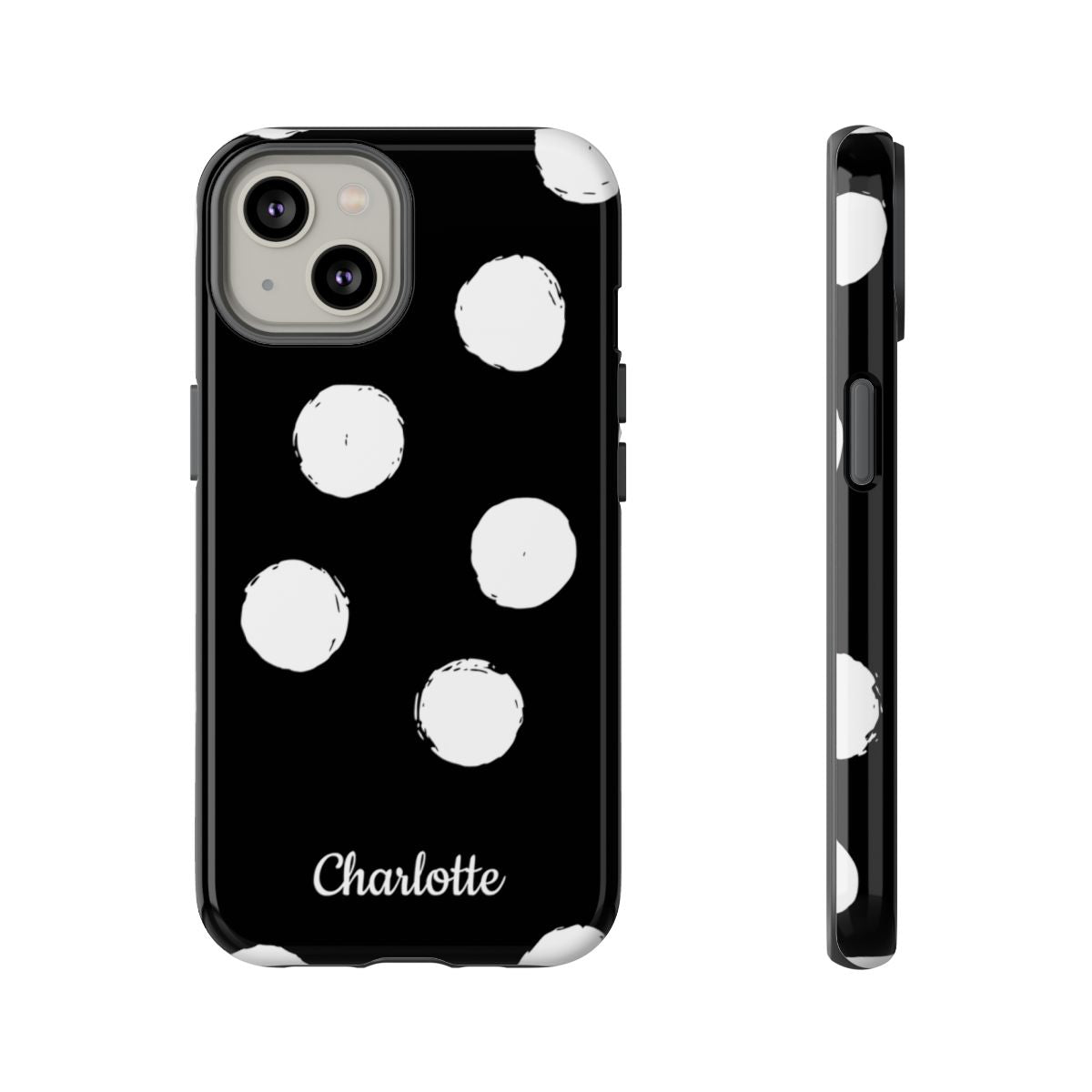 Personalized Black Polka Dot Phone Case – Custom Name Bold Monochrome Aesthetic