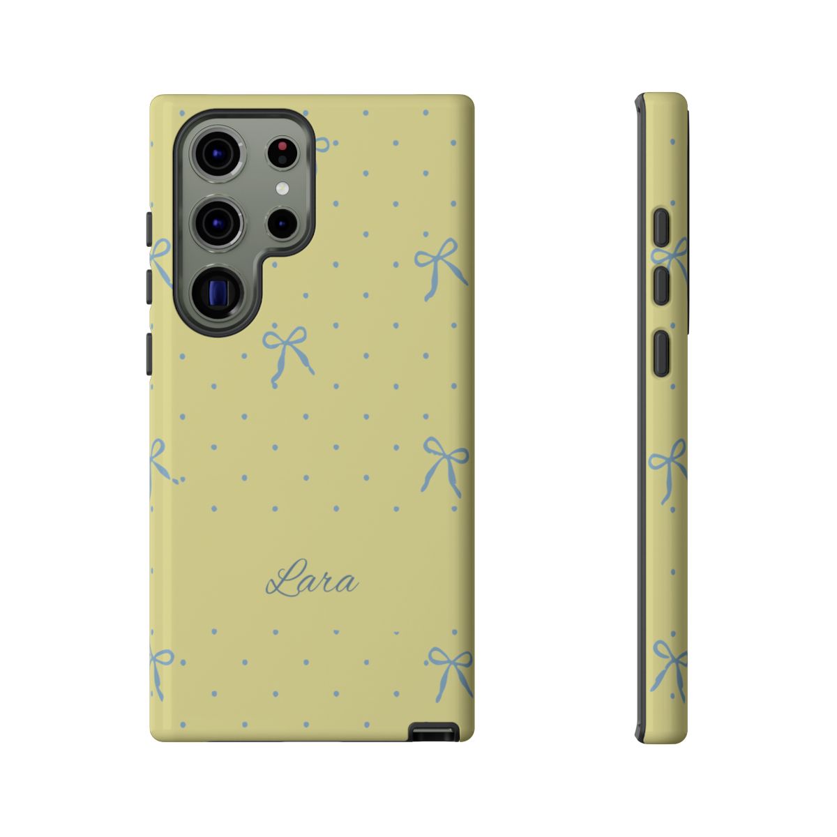 Personalized Yellow Bow Phone Case – Custom Name Blue Polka Dot Aesthetic
