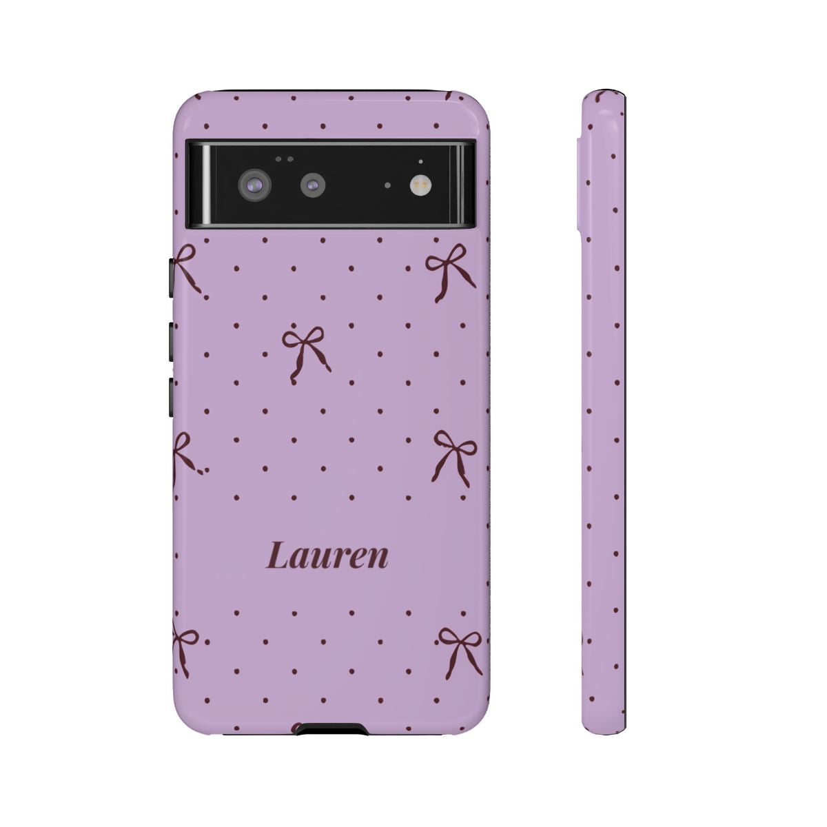 Personalized Lavender Bow Phone Case – Custom Name Polka Dot Coquette Aesthetic