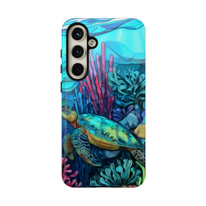Stained Glass Turtle Phone Case – Coastal Blue Ocean Mosaic Aesthetic