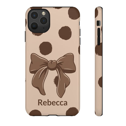 Personalized Brown Polka Dot Bow Phone Case – Custom Name Coquette Retro Aesthetic