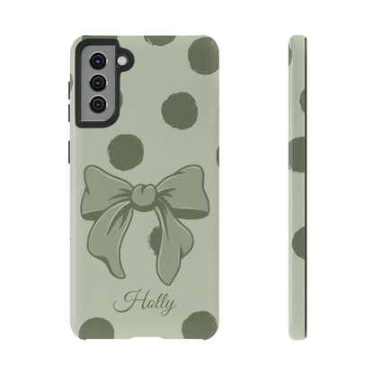 Personalized Sage Green Polka Dot Bow Phone Case – Custom Name Coquette Aesthetic
