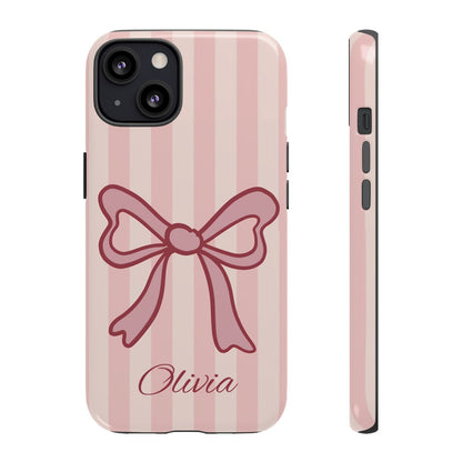 Personalized Pink Bow Phone Case – Soft Pastel Striped Coquette Aesthetic