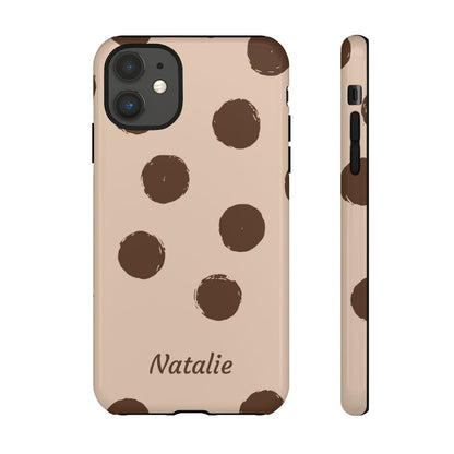 Personalized Brown Polka Dot Phone Case – Custom Name Neutral Boho Aesthetic