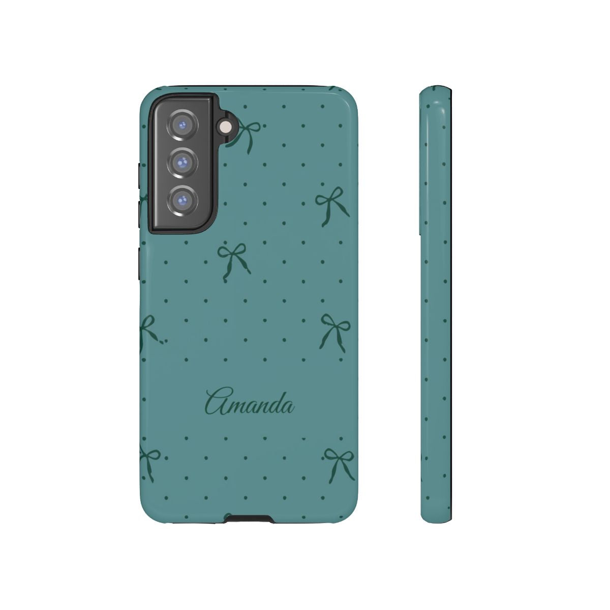 Personalized Teal Bow Phone Case – Custom Name Coquette Polka Dot Aesthetic