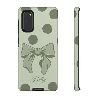 Personalized Sage Green Polka Dot Bow Phone Case – Custom Name Coquette Aesthetic