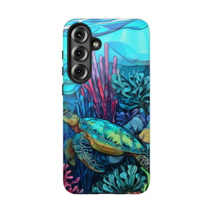 Stained Glass Turtle Phone Case – Coastal Blue Ocean Mosaic Aesthetic