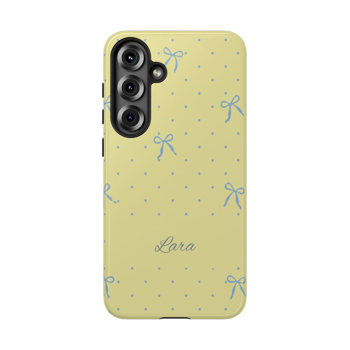 Personalized Yellow Bow Phone Case – Custom Name Blue Polka Dot Aesthetic