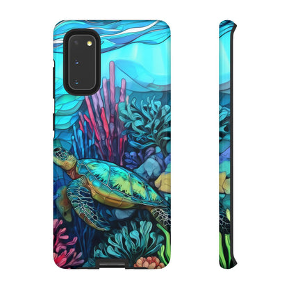 Stained Glass Turtle Phone Case – Coastal Blue Ocean Mosaic Aesthetic