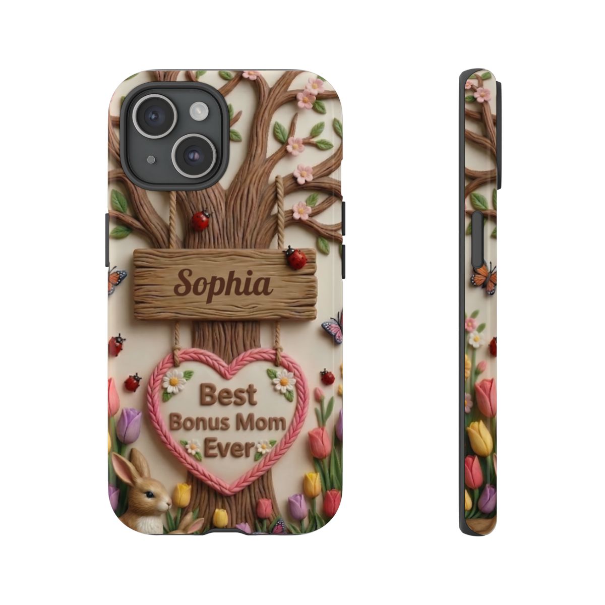 Personalized Bonus Mom Phone Case – Custom Name Clay Spring Garden Aesthetic