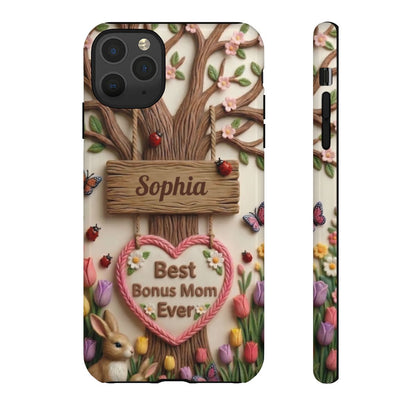 Personalized Bonus Mom Phone Case – Custom Name Clay Spring Garden Aesthetic