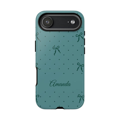 Personalized Teal Bow Phone Case – Custom Name Coquette Polka Dot Aesthetic