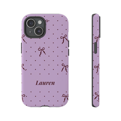 Personalized Lavender Bow Phone Case – Custom Name Polka Dot Coquette Aesthetic