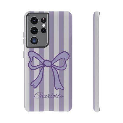 Personalized Lavender Bow Phone Case – Purple Striped Coquette Ribbon Aesthetic