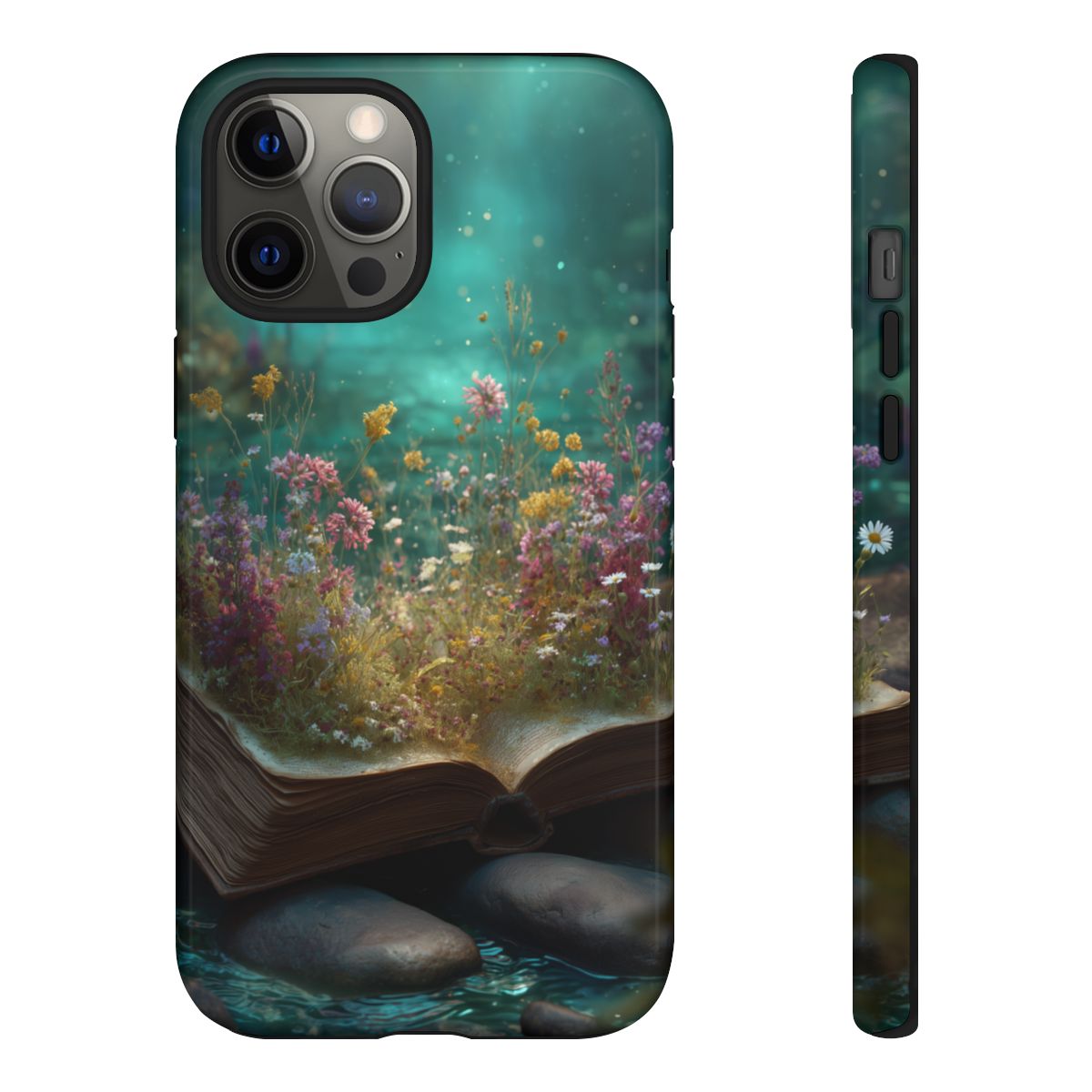 Whimsical storybook phone cover with a magical garden blooming from a book over dark river stones.
