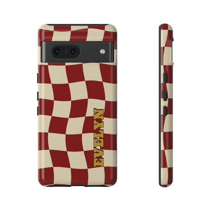 Personalized Burgundy Checkered Phone Case – Custom Name Wavy Retro Aesthetic