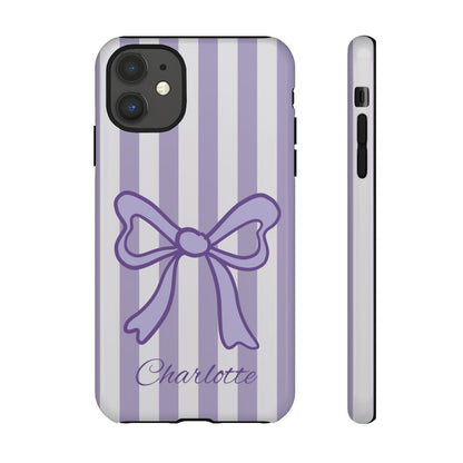 Personalized Lavender Bow Phone Case – Purple Striped Coquette Ribbon Aesthetic