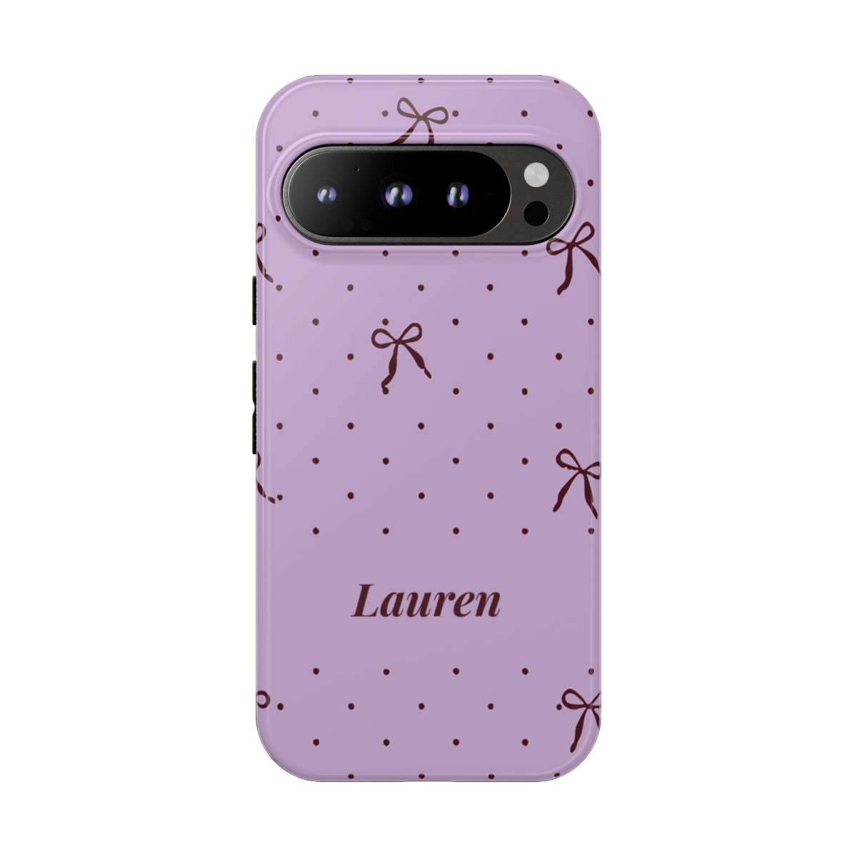 Personalized Lavender Bow Phone Case – Custom Name Polka Dot Coquette Aesthetic