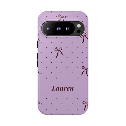 Personalized Lavender Bow Phone Case – Custom Name Polka Dot Coquette Aesthetic