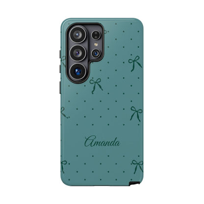 Personalized Teal Bow Phone Case – Custom Name Coquette Polka Dot Aesthetic