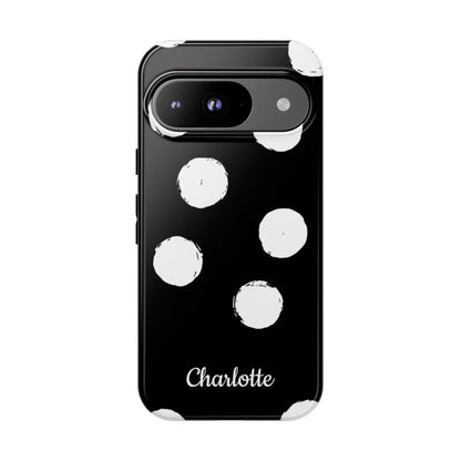 Personalized Black Polka Dot Phone Case – Custom Name Bold Monochrome Aesthetic