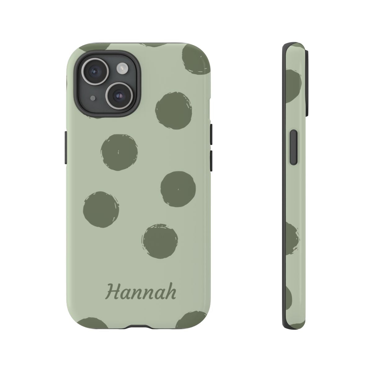 Personalized Sage Green Polka Dot Phone Case – Custom Name Matcha Aesthetic