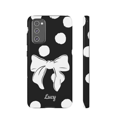 Personalized Black Polka Dot Bow Phone Case – Custom Name Coquette Retro Aesthetic