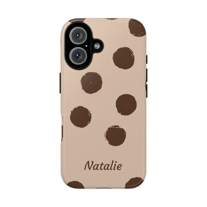 Personalized Brown Polka Dot Phone Case – Custom Name Neutral Boho Aesthetic